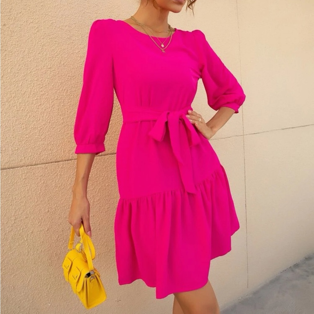 Solid Bishop Sleeve Ruffle Hem Belted Dress